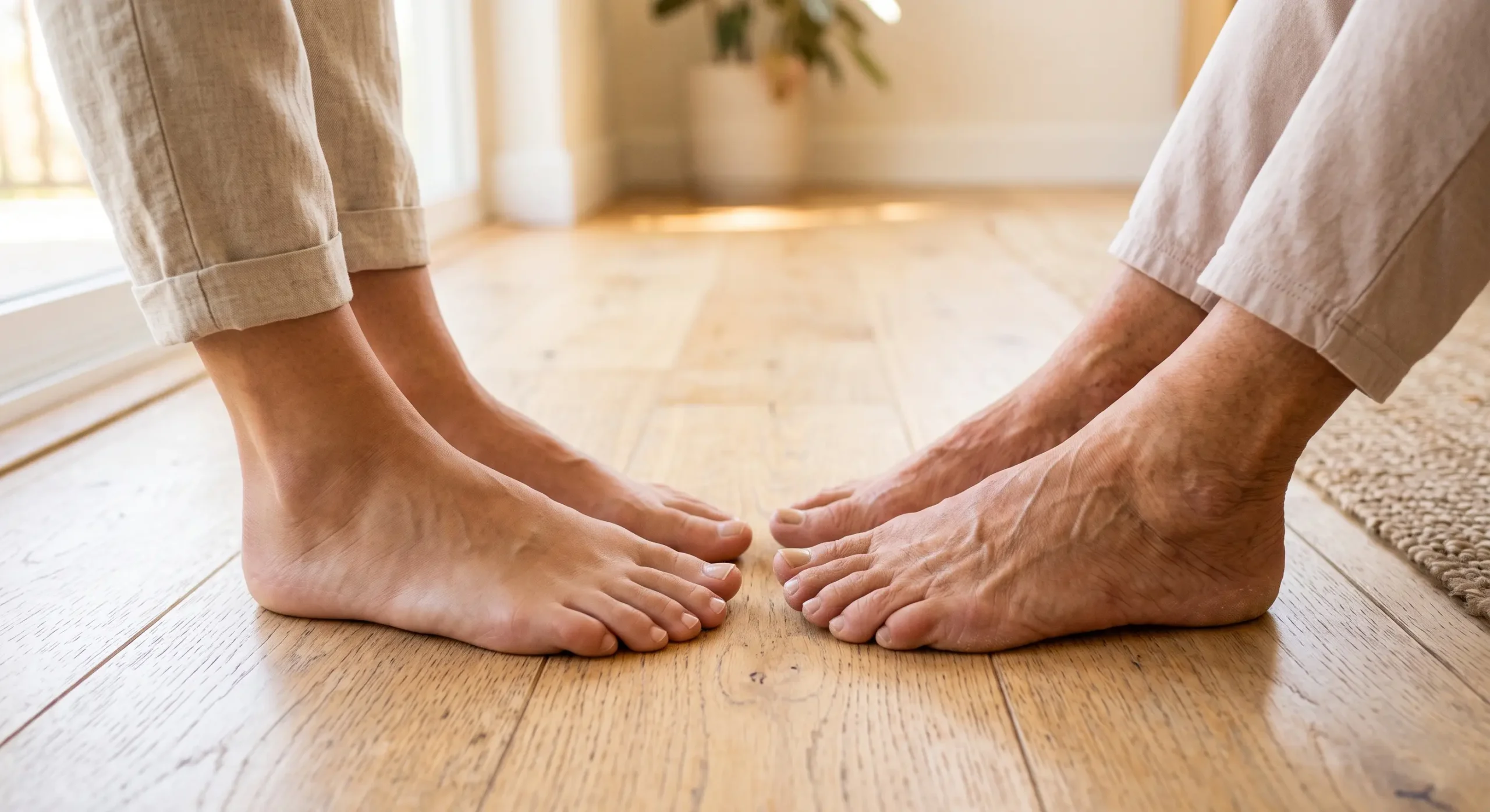 A close-up, ground-level composition of two pairs of bare feet facing each other on a light wooden floor, bathed in warm, bright natural sunlight. The photography is highly detailed and editorial, featuring a shallow depth of field that keeps the brightly lit feet in sharp focus while softly blurring the sunlit background, which hints at a woven rug and a plant. The warm lighting highlights the structural similarities and skin textures of the younger adult's feet on the left and the older adult's feet on the right, with no text present in the image.