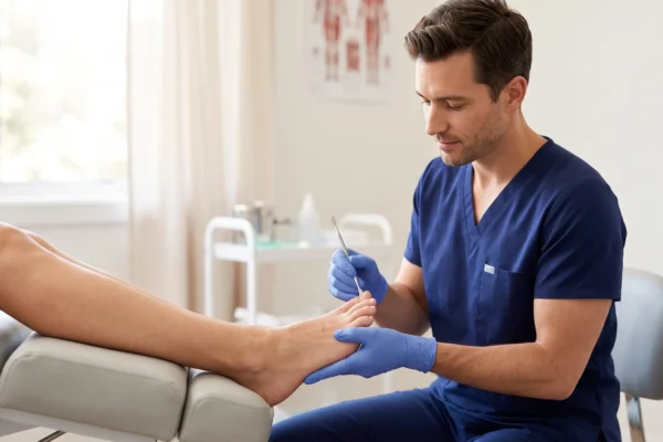 Soft daylight from a left-side window illuminates a clean, medical clinic scene. The composition is a balanced, eye-level medium shot. On the left, a patient's lower legs rest bare on a grey medical plinth. On the right, a seated male podiatrist, in dark blue scrubs and blue nitrile gloves, is focused, holding the patient's foot with one hand and using a small, polished metal instrument to examine the big toenail. The texture of the scrubs, gloves, and skin is sharp. The background, including a medical trolley and a blurry anatomical poster, is rendered with a shallow depth of field, keeping the focus entirely on the hand-to-foot interaction.