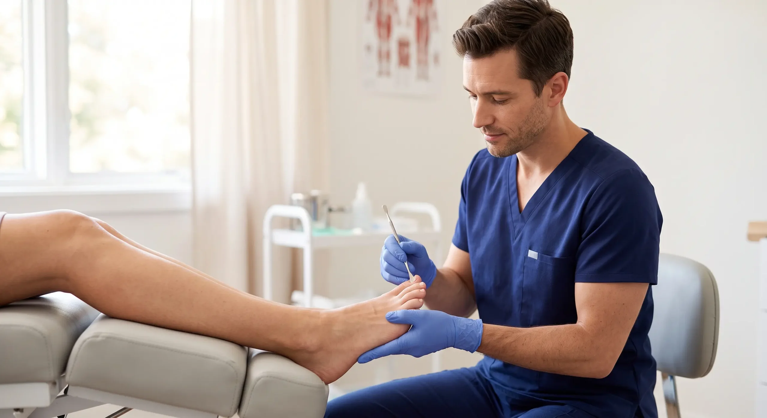 Soft daylight from a left-side window illuminates a clean, medical clinic scene. The composition is a balanced, eye-level medium shot. On the left, a patient's lower legs rest bare on a grey medical plinth. On the right, a seated male podiatrist, in dark blue scrubs and blue nitrile gloves, is focused, holding the patient's foot with one hand and using a small, polished metal instrument to examine the big toenail. The texture of the scrubs, gloves, and skin is sharp. The background, including a medical trolley and a blurry anatomical poster, is rendered with a shallow depth of field, keeping the focus entirely on the hand-to-foot interaction.