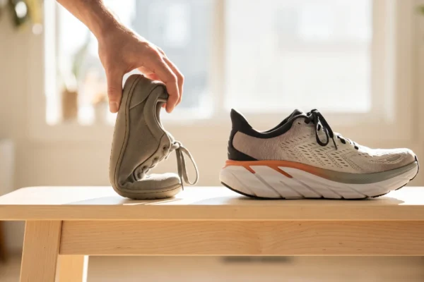 a thin-soled minimalist shoe bent to show its flexible sole next to a cushioned running shoe on a sunlit bench