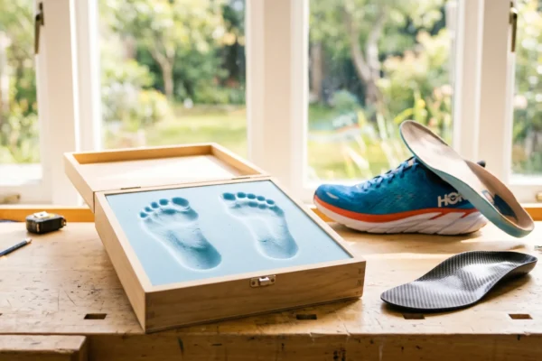 A warm, sunlit composition with a shallow depth of field, focusing on a brightly lit wooden workbench. Natural light streams through a wide, softly blurred window in the background, illuminating an open wooden box with pale blue foot impressions in foam and a sleek black carbon-fiber orthotic shell in sharp foreground focus. Slightly out of focus in the background sits a bright blue and orange running shoe displaying the partial white text "HO", with its original insole leaning against it.